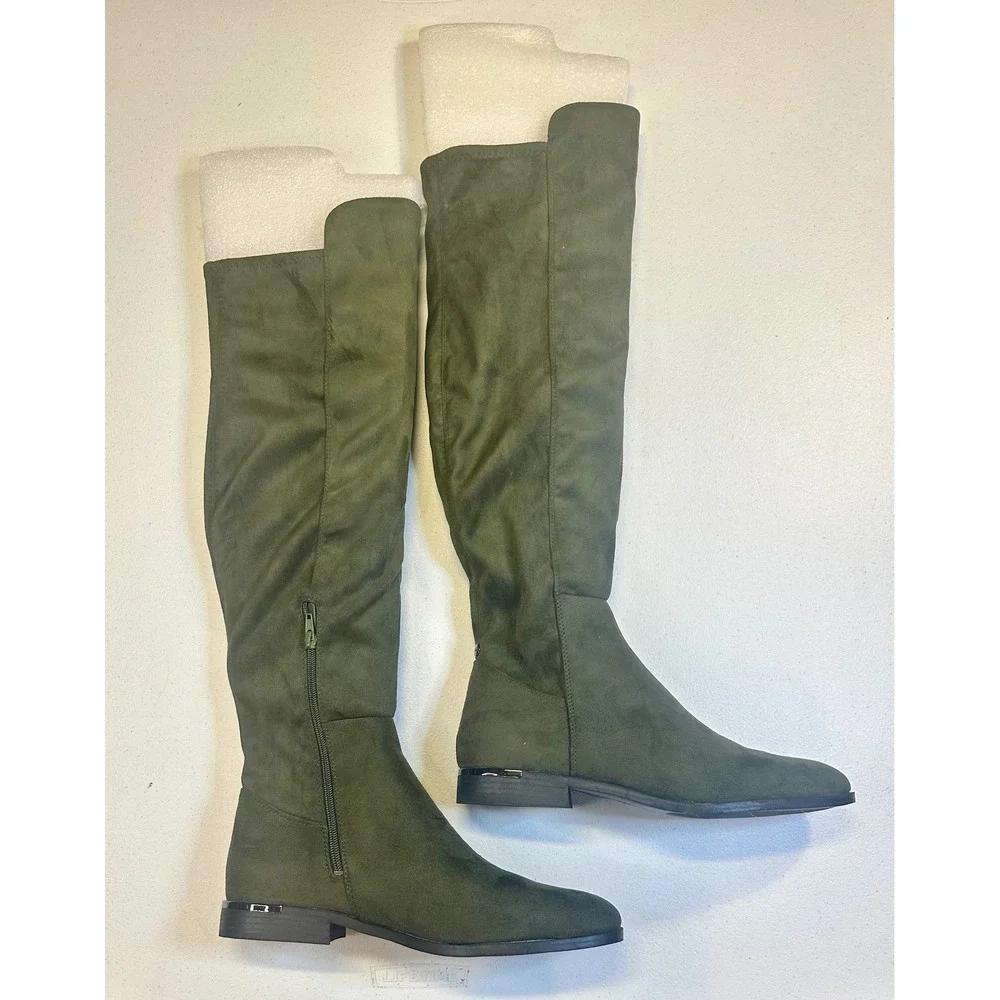Nine West WNALLAIR2 Olive Green Faux Suede Over The Knee Boots Womens 12M